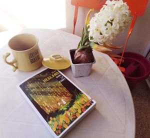 le livre Dans La Forêt sur une table en terrasse, un mug, une plante